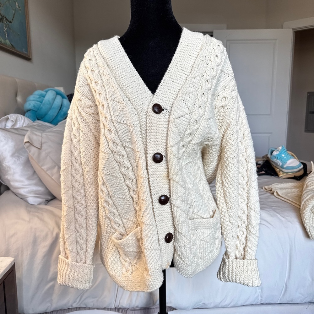 Vintage Cozy Irish Wool Cream Cable Knit Cardigan